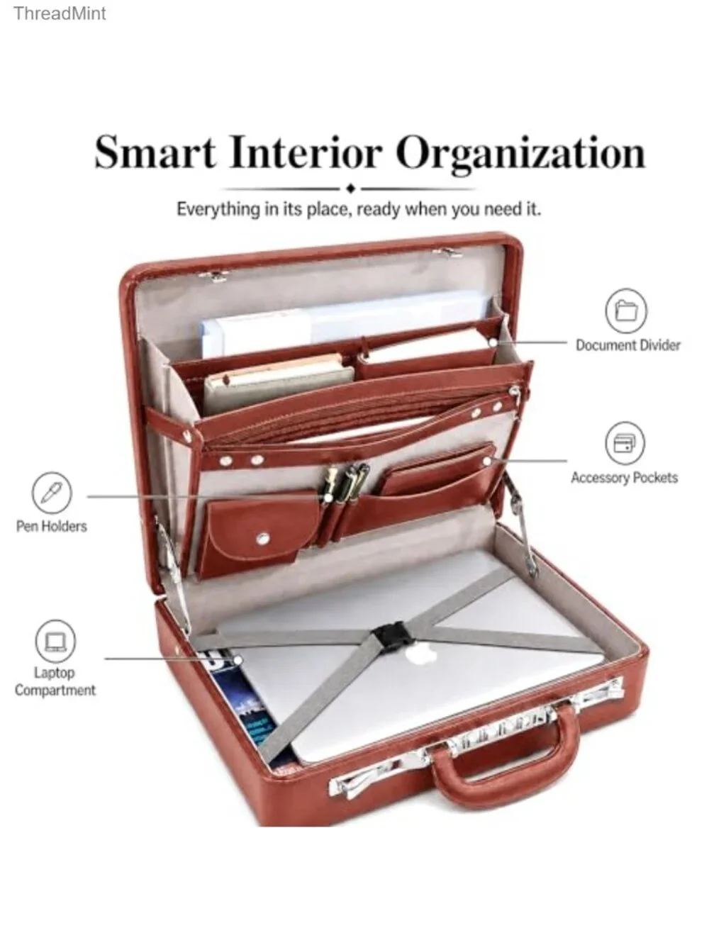 Men's Leather Briefcase with Combination Lock Hard Shell Laptop Attache